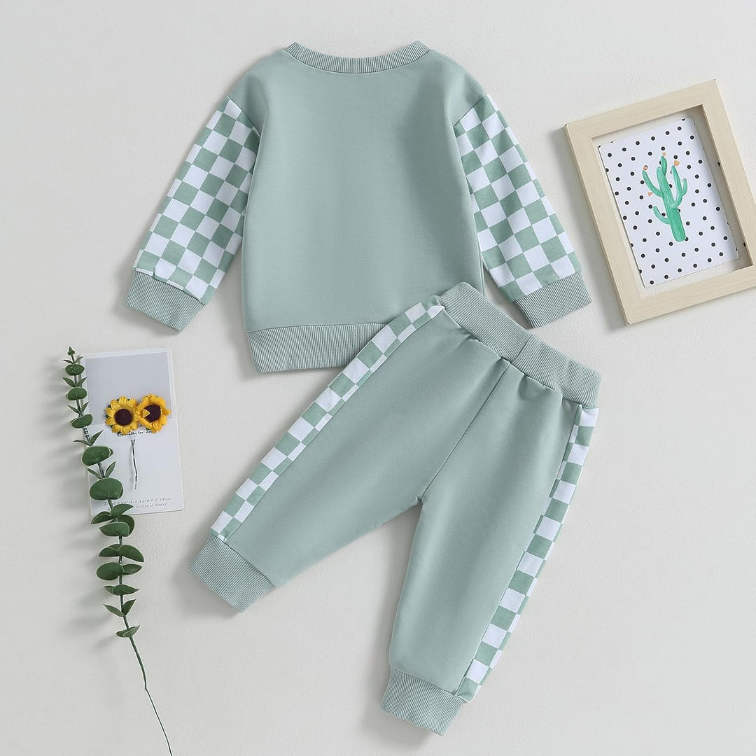 Grüner Kinder-Trainingsanzug mit Karomuster, Baumwolle, Langarm, Freizeitmode, Babybekleidung.