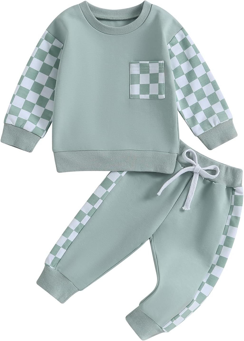 Grüner Kinder-Trainingsanzug mit Karomuster, Langarmshirt und Jogginghose, Baumwolle.