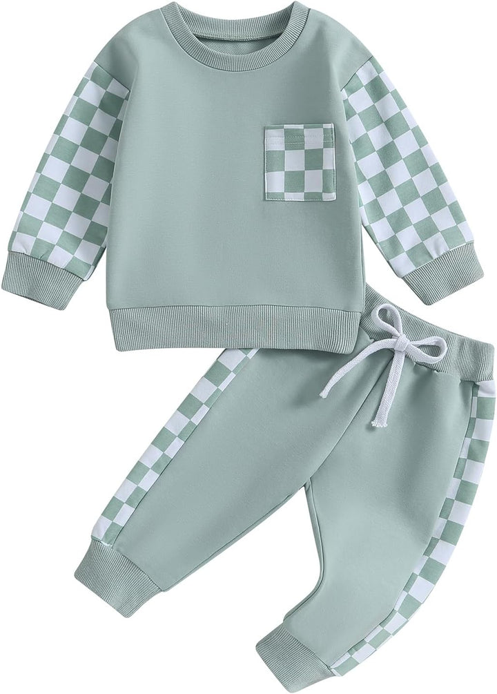 Grüner Kinder-Trainingsanzug mit Karomuster, Langarmshirt und Jogginghose, Baumwolle.