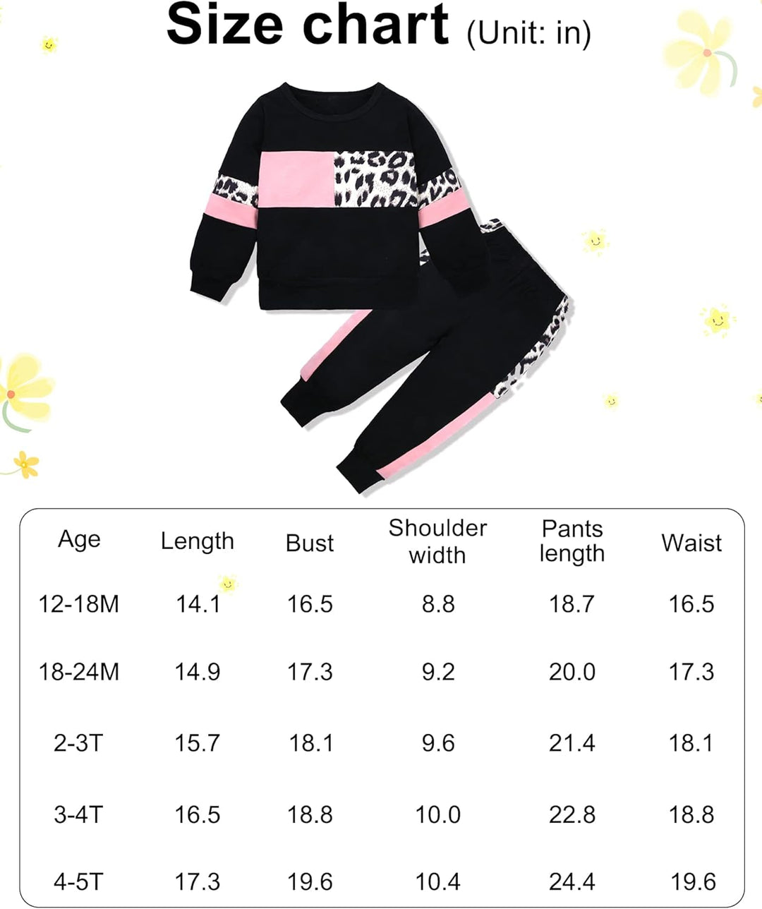 Schwarzer Kinder-Trainingsanzug mit rosa und Leopardenmuster, zweiteilig, Baumwolle.