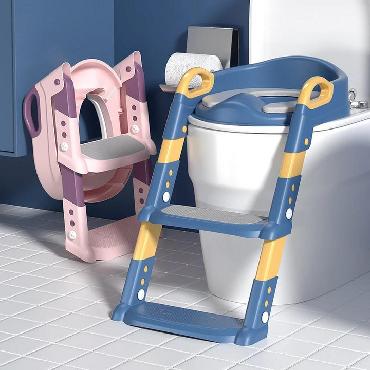Blauer und gelber Kinder-Toilettensitz mit Leiter, faltbar, Badezimmer, rutschfest.