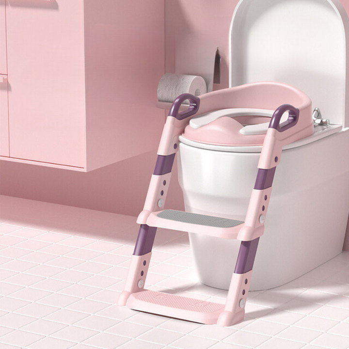 Rosa Kinder-Toilettensitz mit Leiter, rutschfest, höhenverstellbar, Badezimmerzubehör.