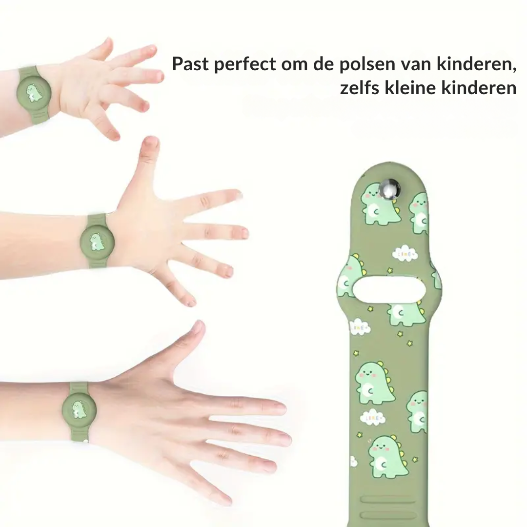 Grünes Kinderarmband mit Dinosaurier-Motiv, verstellbar, für 0-12 Jahre geeignet.