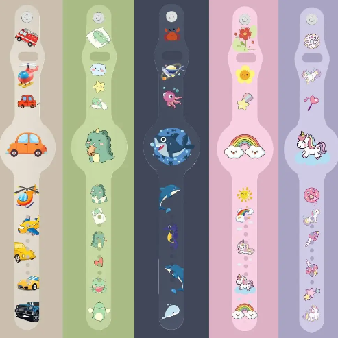 Bunte Kinderarmbänder mit Tiermotiven, Auto, Einhorn, Regenbogen, Dinosaurier, Haifisch, Hubschrauber.