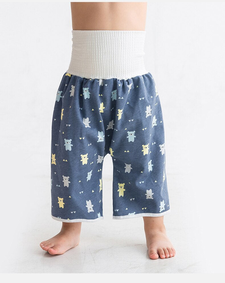 Kleinkindhose blau mit Bärenmuster, hoher Bund, Baumwolle, bequem, modisch, Kinderbekleidung.