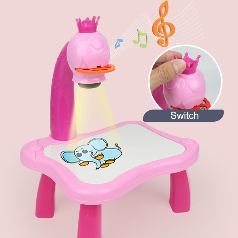 Rosa Kindertisch mit Projektor, Elefantenmotiv, Musikfunktion, Lernspielzeug.