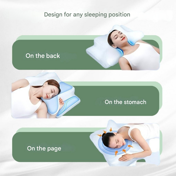Orthopädisches Kissen für alle Schlafpositionen, ergonomisch, weiß, blau, Komfort, Unterstützung.
