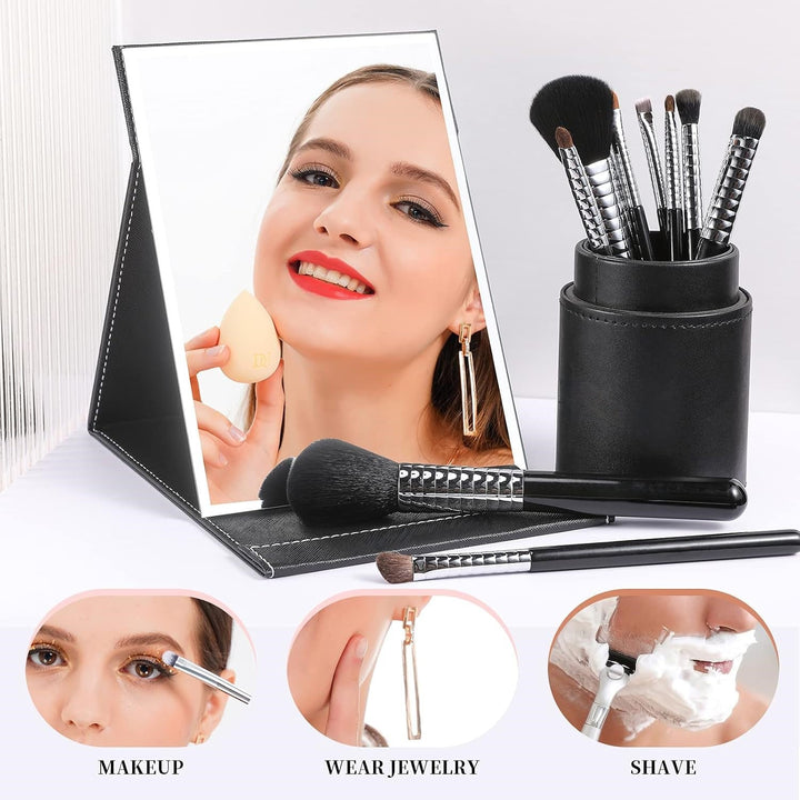 Schminkspiegel mit Pinselset, schwarz, tragbar, Make-up Zubehör, ideal für Reisen.