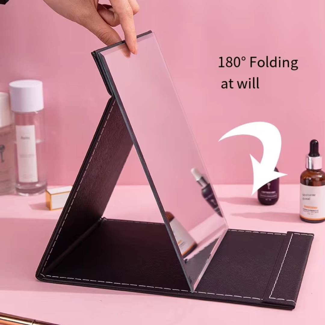 Tragbarer Schminkspiegel, faltbar, schwarz, 180° verstellbar, ideal für Make-up, Reisen.