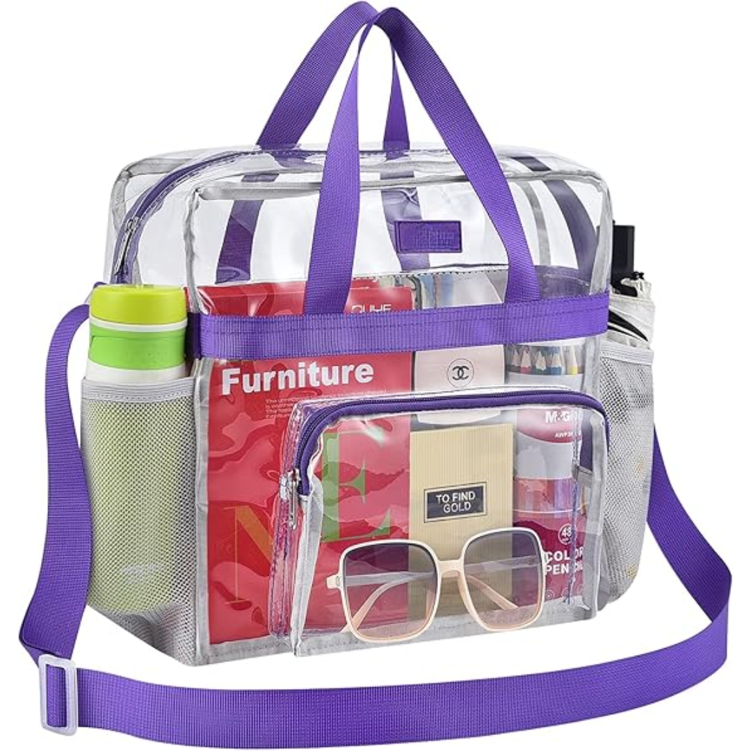 Klarer PVC-Rucksack mit lila Trägern, ideal für Reisen, Schule, transparent, modisch.