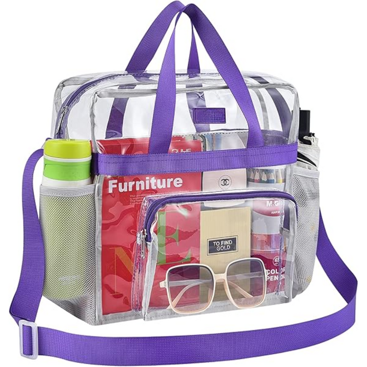 Klarer PVC-Rucksack mit lila Trägern, ideal für Reisen, Schule, transparent, modisch.