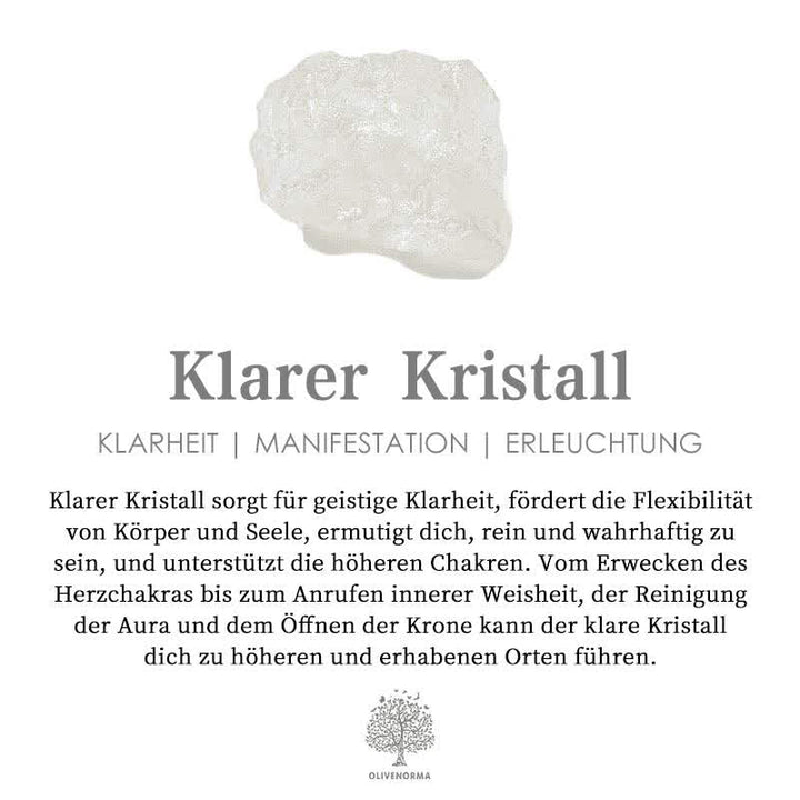 Klarer Kristall auf weißem Hintergrund, fördert Klarheit und Erleuchtung, spirituelle Heilung.