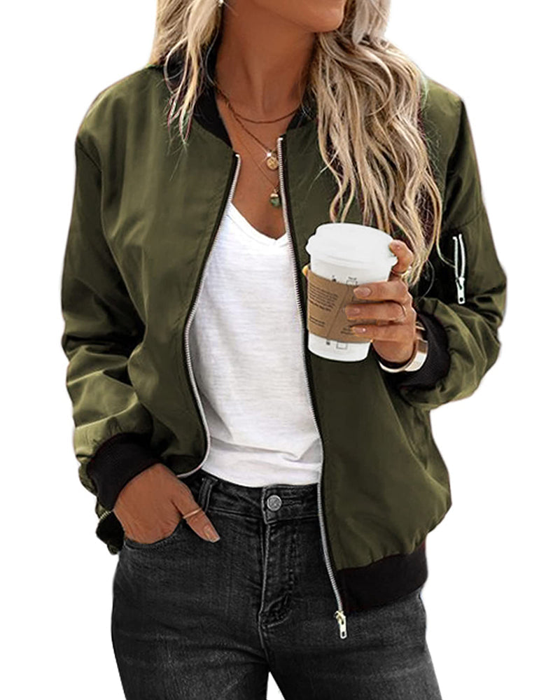 Damen Bomberjacke Armeegrün, klassisch, Reißverschluss, Freizeitmode, Herbstjacke.
