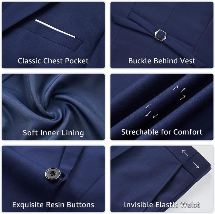 Blauer Anzug mit klassischer Brusttasche, weichem Innenfutter, elastischem Bund, Harzknöpfen.