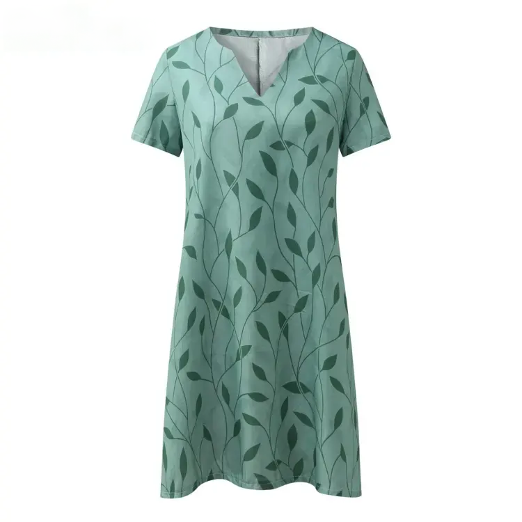 Grünes Damenkleid mit Blattmuster, V-Ausschnitt, kurzärmelig, Sommermode, Baumwolle.