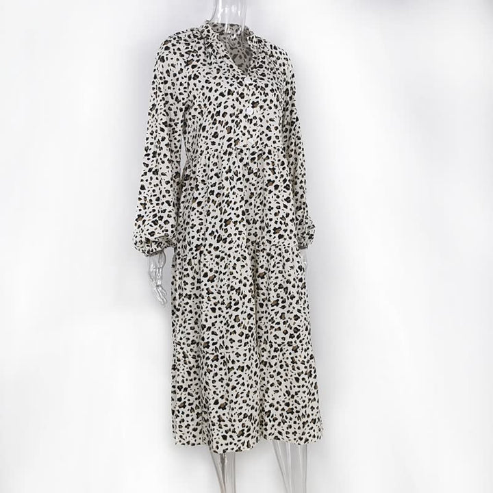 Leopardenmuster Kleid Damen, langärmelig, weiß-schwarz, modisch, Freizeitkleidung.