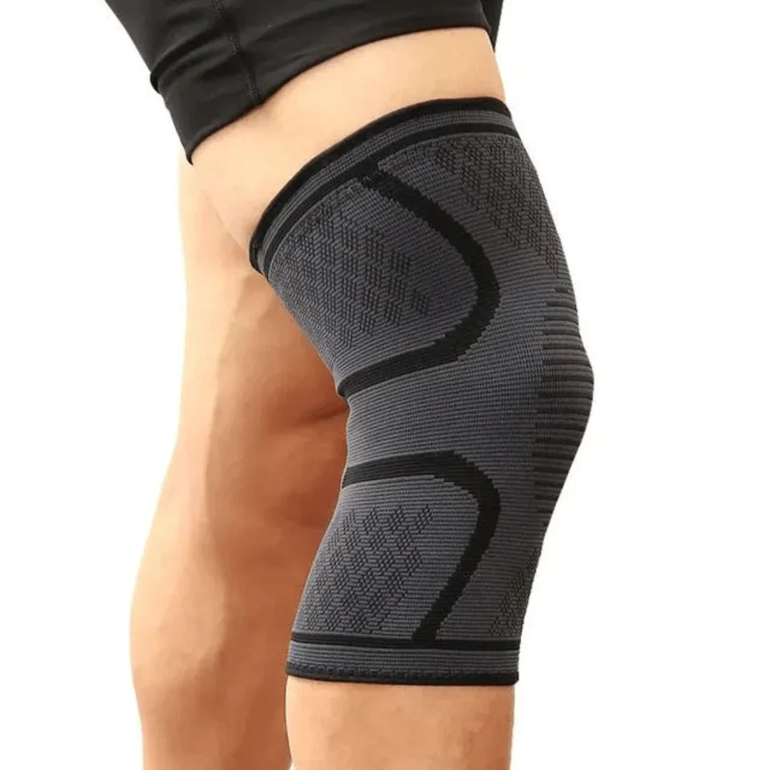 Grau-schwarze Kniebandage, elastisch, für Sport und Fitness, Kompressionsstütze.