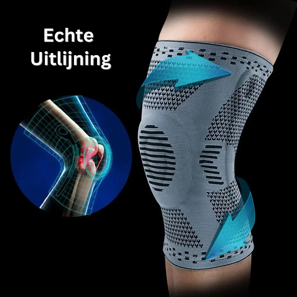 Graue Kniebandage mit Kompressionsmuster für Stabilität und Unterstützung beim Sport.