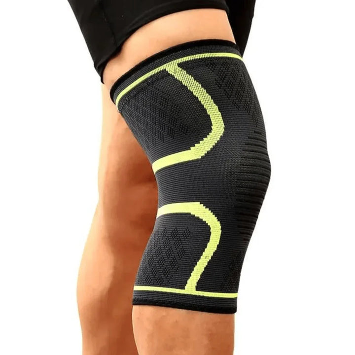 Schwarze Kniebandage mit gelben Streifen, elastisch, für Sport und Unterstützung.