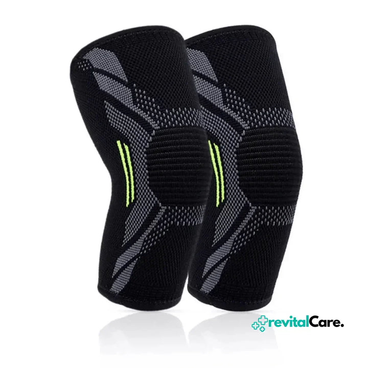 Schwarze Kompressions-Knieschoner mit grauen und grünen Akzenten für Sport und Fitness.
