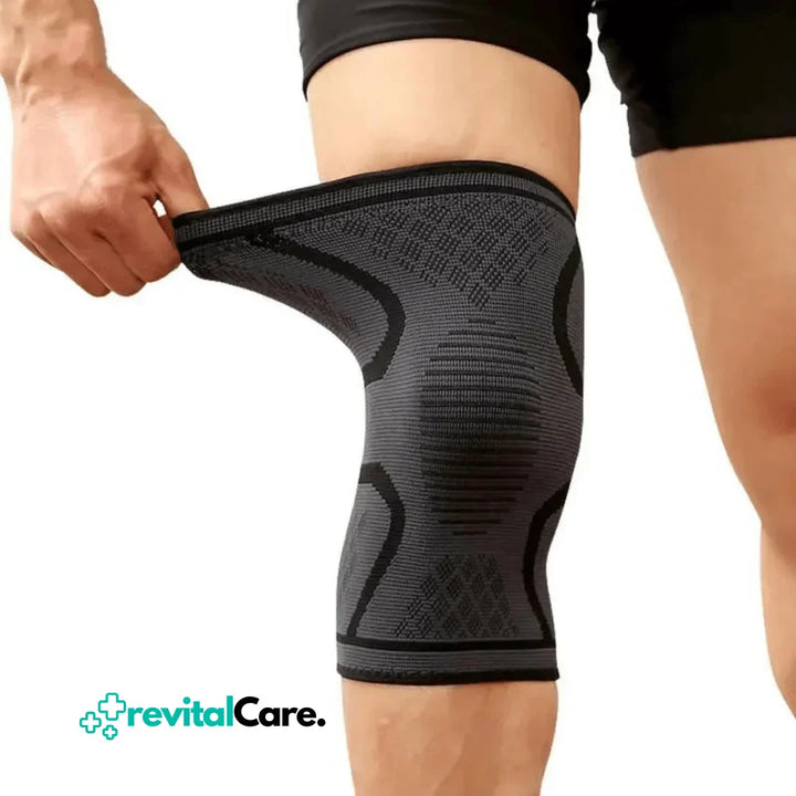 Schwarze Kniebandage, elastisch, atmungsaktiv, für Sport und Unterstützung, von RevitalCare.