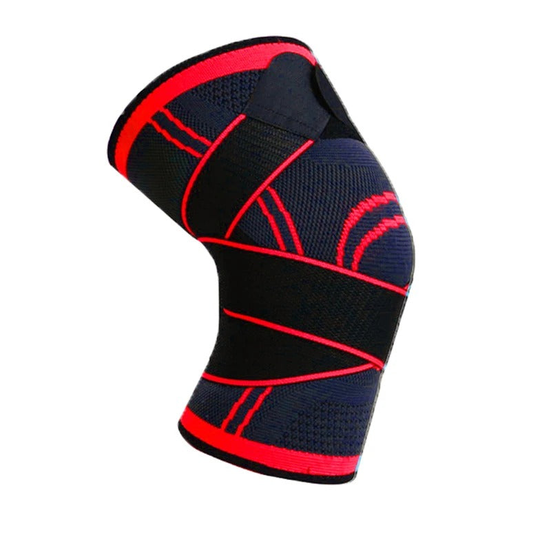 Schwarze Kniebandage mit roten Streifen, elastisch, für Sport und Unterstützung.