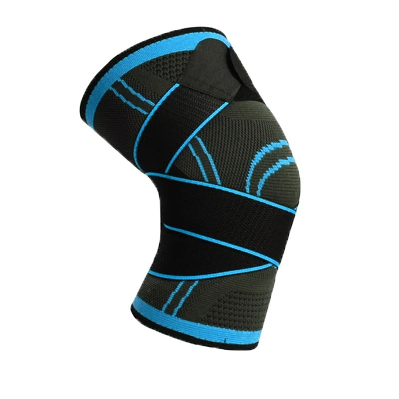Schwarze Kniebandage mit blauen Akzenten, elastisch, für Sport und Unterstützung.