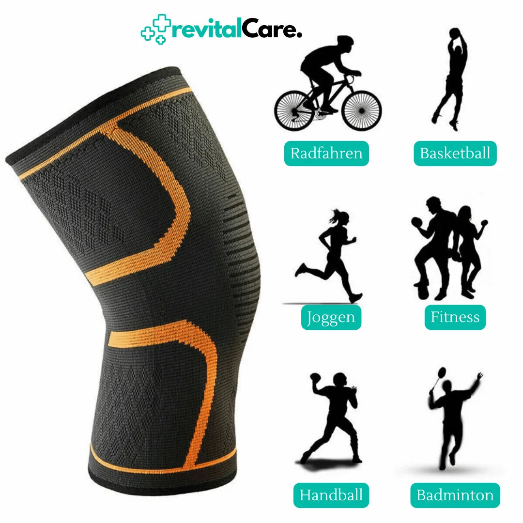 Schwarze Kniebandage mit orangefarbenen Akzenten, ideal für Sportarten wie Radfahren und Fitness.