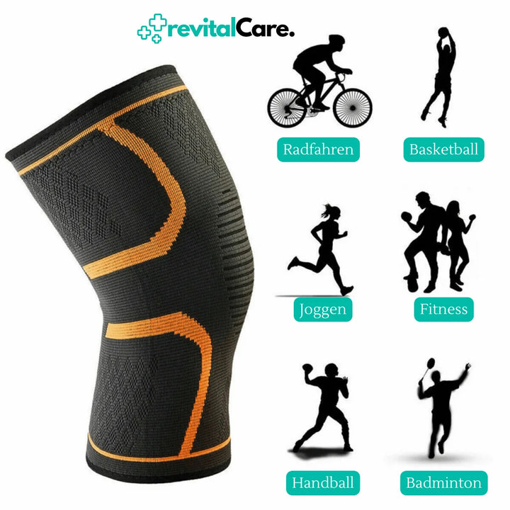 Schwarze Kniebandage mit orangefarbenen Akzenten, ideal für Sportarten wie Radfahren und Fitness.
