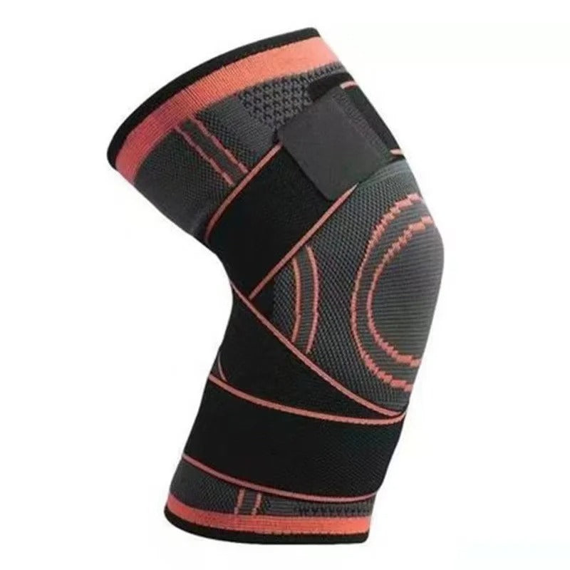 Schwarze Kniebandage mit orangefarbenen Streifen, elastisch, für Sport und Unterstützung.