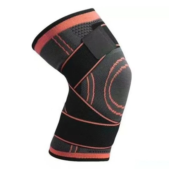 Schwarze Kniebandage mit orangefarbenen Streifen, elastisch, für Sport und Unterstützung.