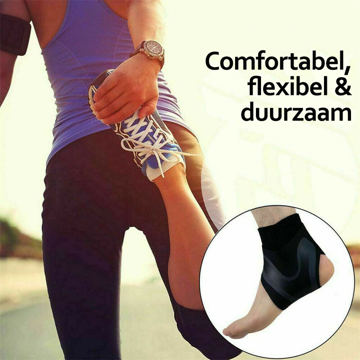 Läufer dehnt Bein, trägt schwarzen Knöchelbandage, Sportbekleidung, Fitness, Outdoor-Training.