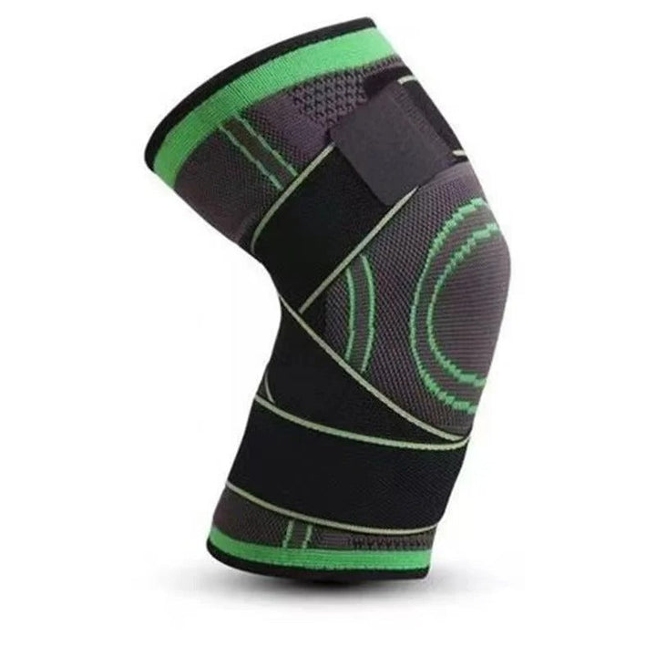 Schwarze und grüne Kniebandage, elastisch, für Sport und Unterstützung.
