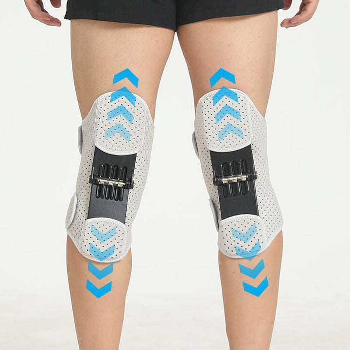 Person mit grauen Kniebandagen, Federunterstützung, Sport, Rehabilitation, Knieorthese.