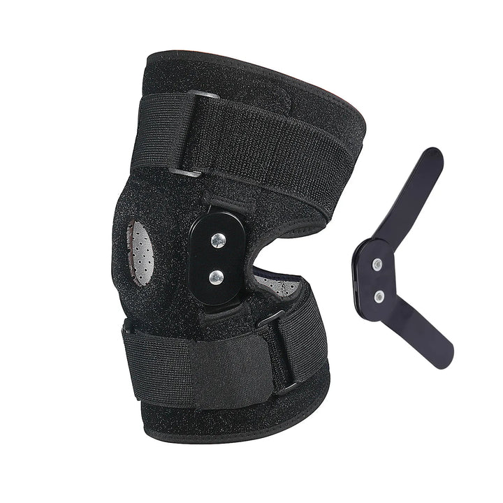 Schwarze Kniebandage mit Scharnier, verstellbar, für Sport und Rehabilitation.