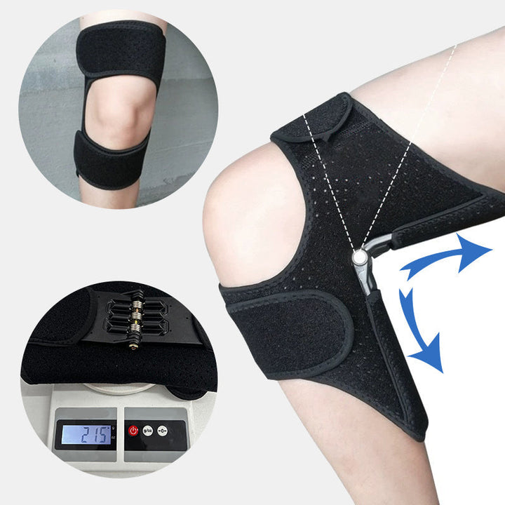 Schwarze Kniebandage mit Federunterstützung, verstellbar, für Schmerzlinderung und Stabilität.