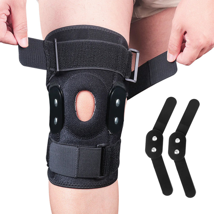 Schwarze Kniebandage mit Klettverschluss, Patellastütze, verstellbar, für Sportverletzungen.