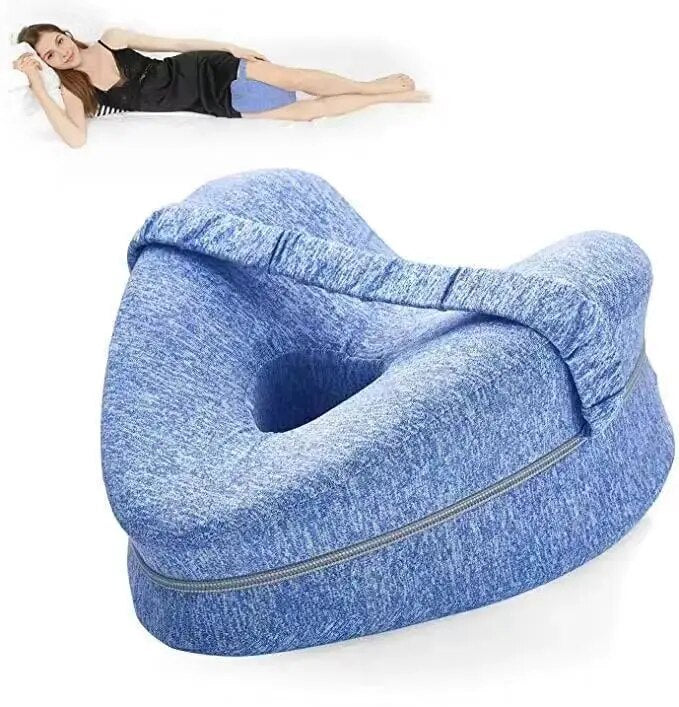 Blaues Kniekissen aus Memory-Schaum für Seitenschläfer, ergonomisch, mit abnehmbarem Bezug.