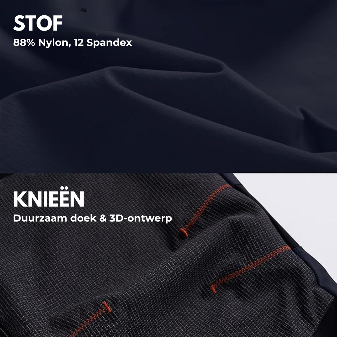 Dunkelblauer Stoff, 88% Nylon, 12% Spandex, strapazierfähiges Material, 3D-Kniedesign.