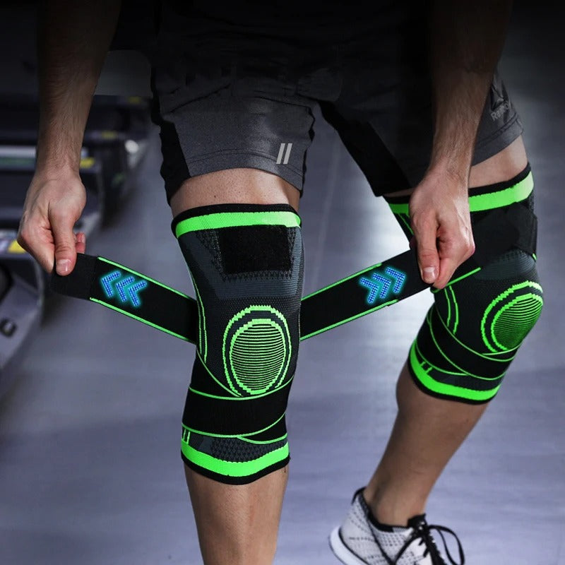 Mann mit grünen Kniebandagen beim Sport im Fitnessstudio, Kompressionsbandage, Knieunterstützung.