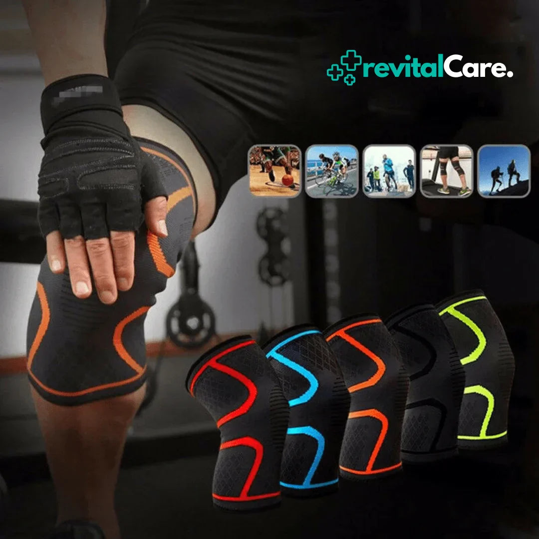 Kniebandage Sport Kompression, schwarz-orange, elastisch, für Fitness und Erholung.