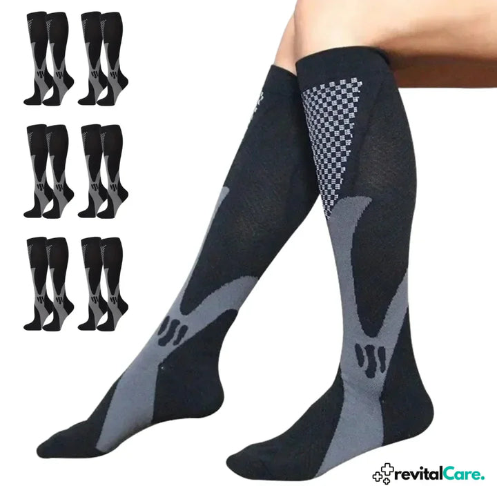 Schwarze Kompressionsstrümpfe für Damen und Herren, knielang, mit grauem Muster, 8er-Pack.