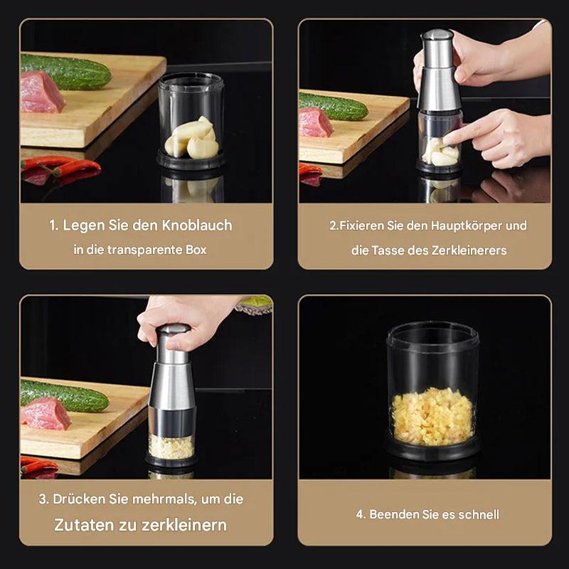 Knoblauchzerkleinerer aus Edelstahl, manuell, transparent, Küchenzubehör, einfach zu bedienen.