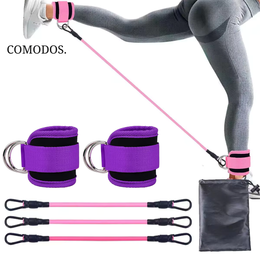 Lila Fitness-Widerstandsbänder Set, Beintraining, verstellbar, mit Fußschlaufen, für Zuhause.