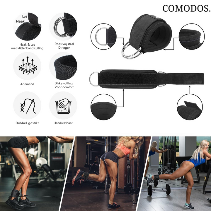Schwarze Knöchelmanschette Fitness, verstellbar, atmungsaktiv, mit D-Ring, für Krafttraining.