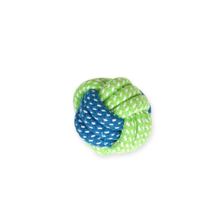 Grüner und blauer Knotenball aus Seil, Hundespielzeug, robust und langlebig.