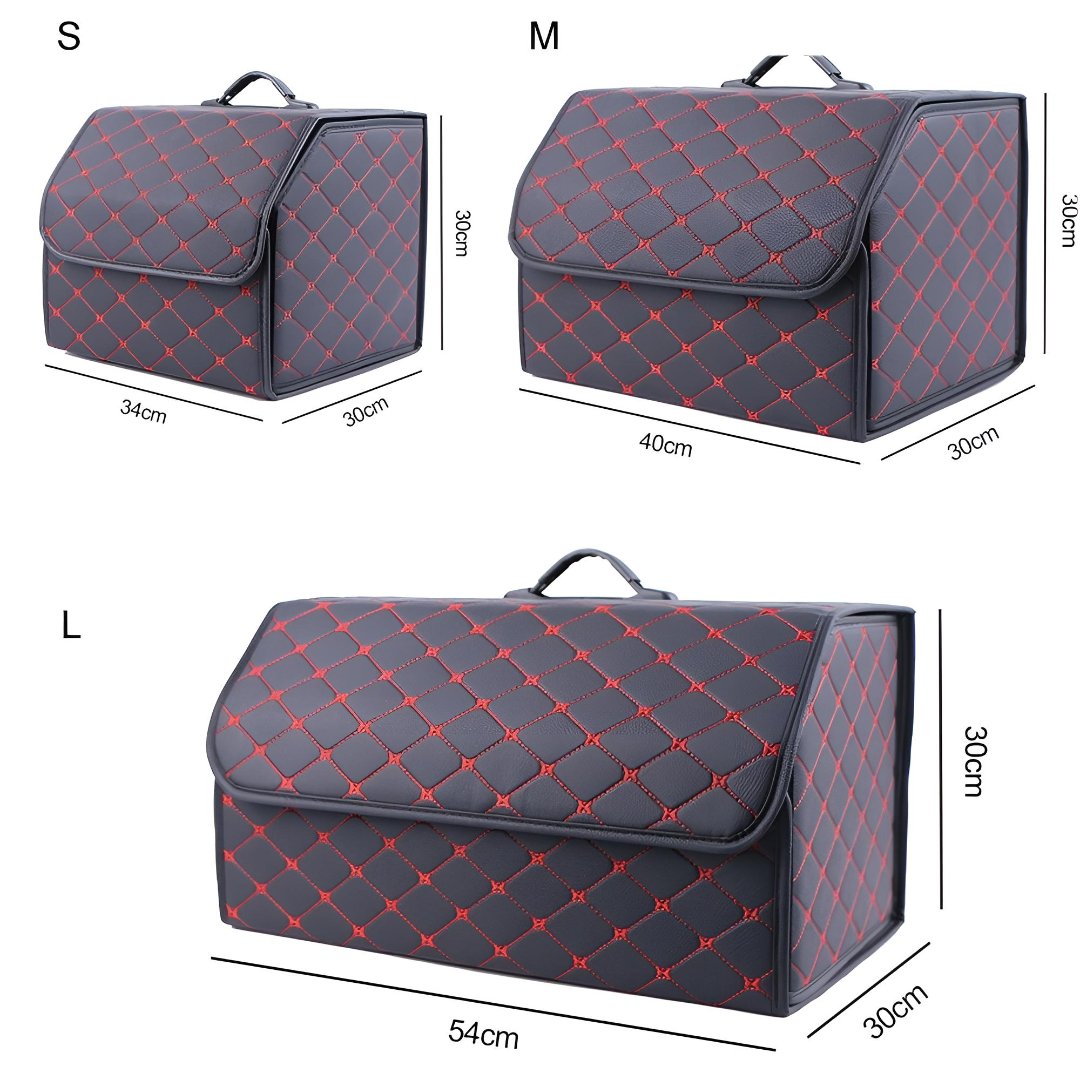 Schwarze Auto-Kofferraumtasche mit roter Naht, in drei Größen: S, M, L. Ideal für Stauraum.