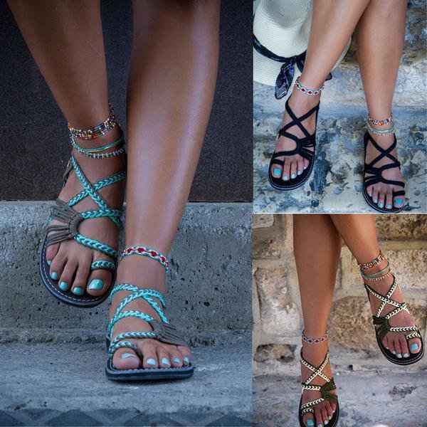 Damen Sandalen, geflochten, bunt, bequem, modisch, Sommer, Freizeit, Strand, Fußkettchen.