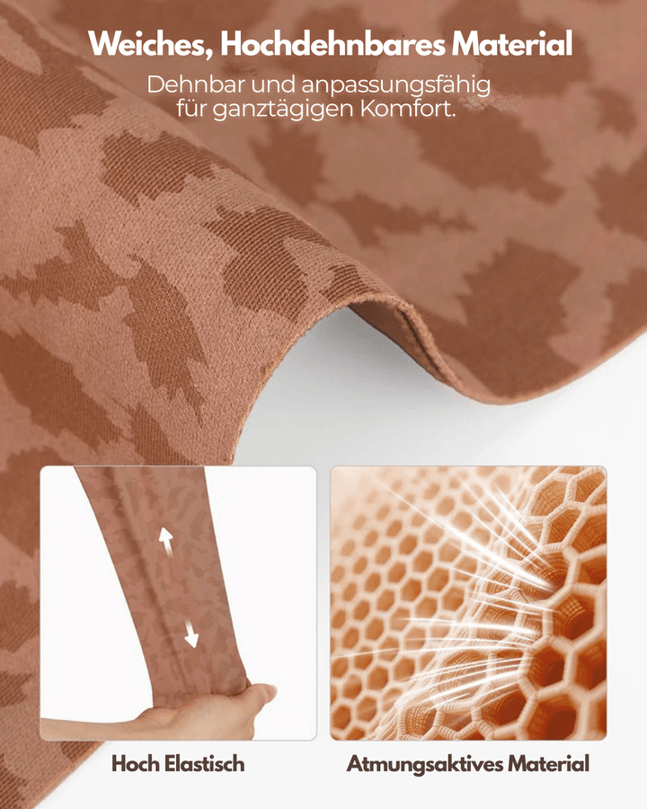 Detail měkké, vysoce elastické a prodyšné hnědé látky s leopardím vzorem, ukázka natažení a voštinové struktury materiálu. 2