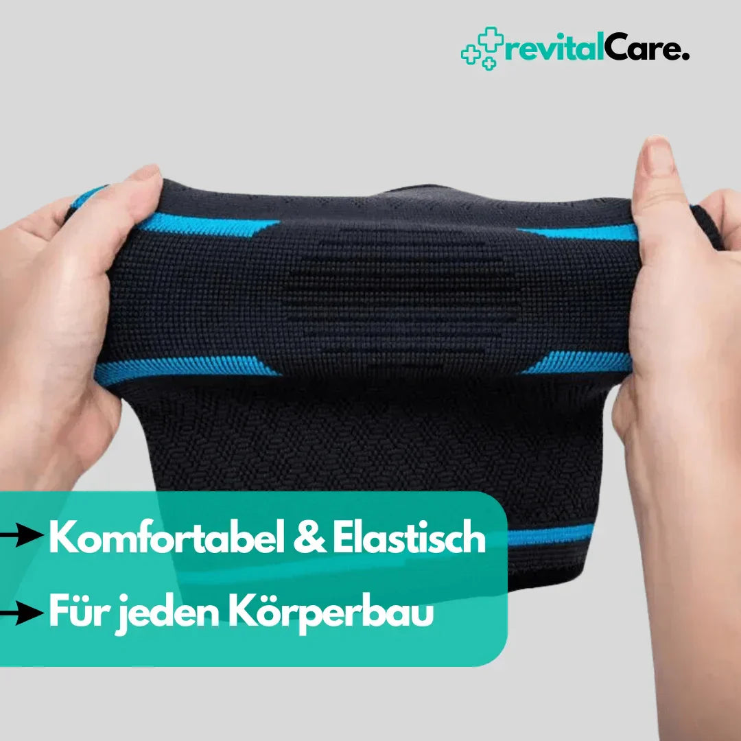 Schwarze elastische Kniebandage mit blauen Streifen, ideal für Sport und Unterstützung.